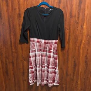 Yathon Black Top with Burgundy and White Plaid Midi Skirt Dress